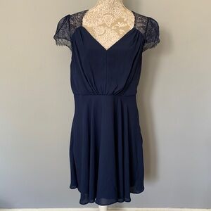Asos // dark blue lace sleeve pleated fit and flare dress size 12 wk2